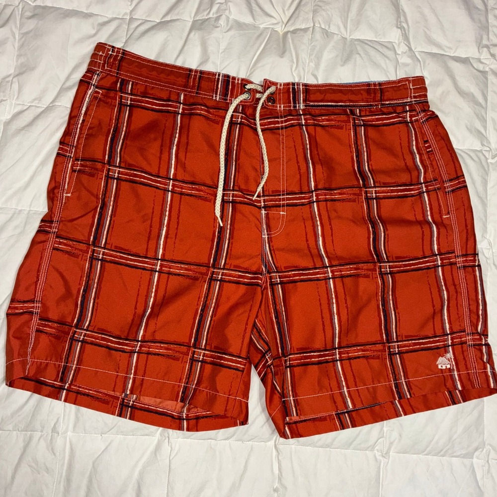 Caribbean Joe Mens Orange Plaid Swim Trunks Board Shorts Size XL